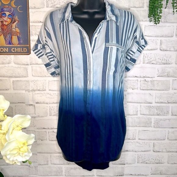 KC Khakis & Company Striped Ombre Button Down Shirt Y2K Grunge Boho Size Medium - Picture 2 of 9